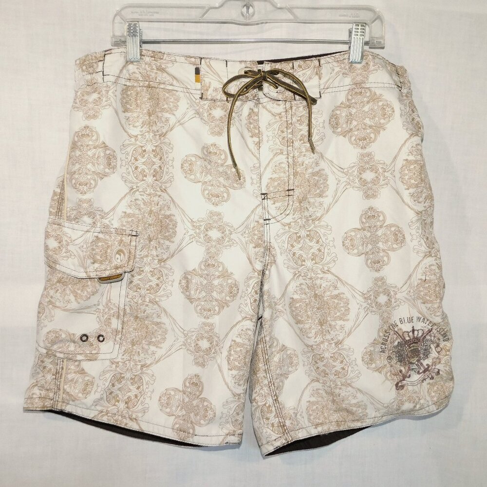 Point Zero Cream Brown Patterned Lined Paradise Island Board Swim Shorts Mens L